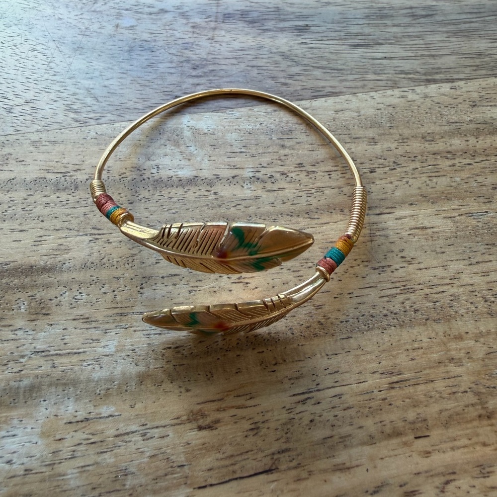Gold Feather Open Bangle Bracelet with Multicolor Accents